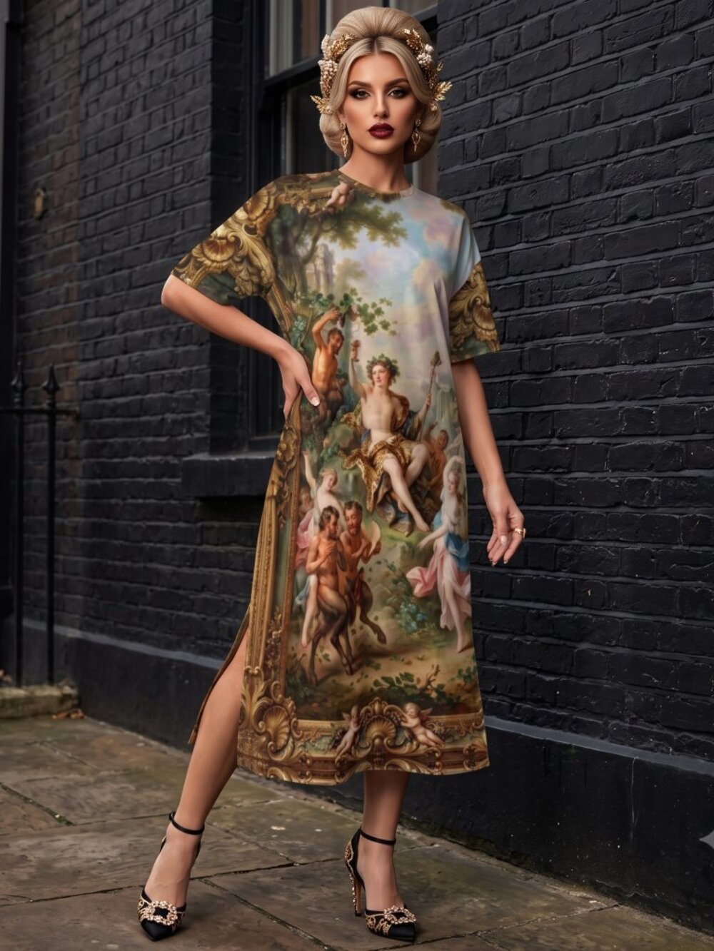 Conceptual Subculture Baroque Mythology Maxi Cotton Shirt Dress Short Sleeve 2xL